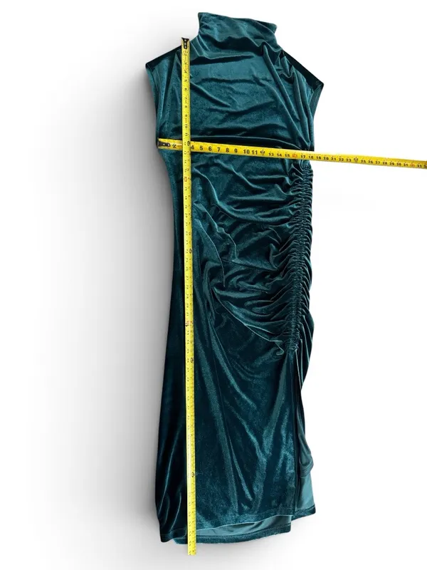 ANTHROPOLOGIE The Maya Stretch Velvet Cowl-Neck Em Teal Velvet Ruched Dress S XL - Image 16