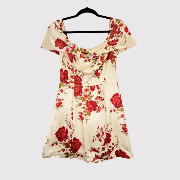 Reformation Mini Dress Beige Lanelle Silk Floral Off Shoulder Satin Smocked XS - Image 2
