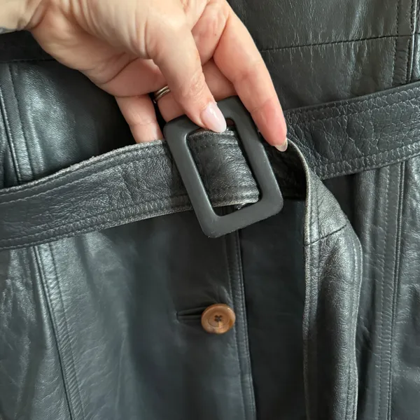 80s Vintage Emotion Dark Gray Leather Trench Coat with Belt | Small Retro - Image 4