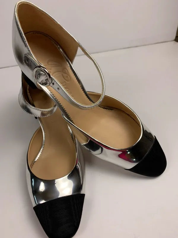 J.Crew Maisie Womens 9.5 Silver Leather Mary Jane Block Heel Black Cap Toe Shoes - Image 5