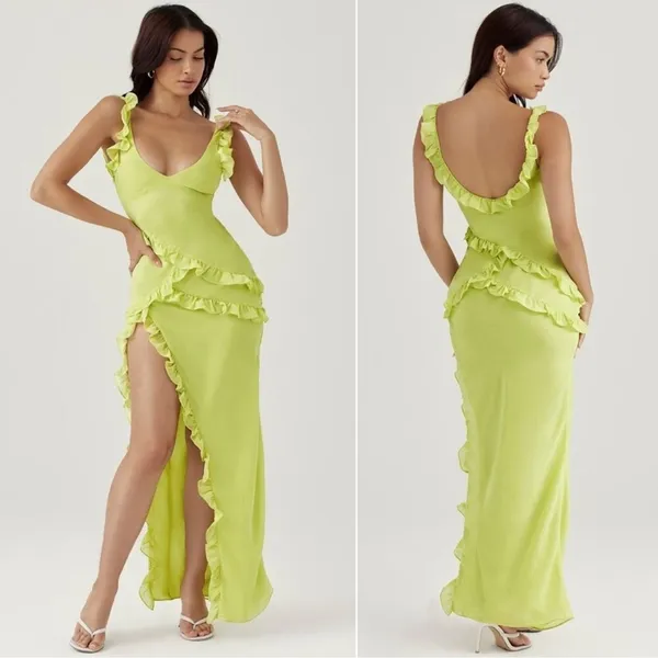 NWOT House of CB Pixie Lime Green Ruffle Maxi Dress sz XS - Image 4