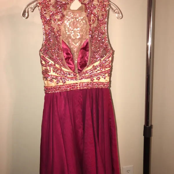 Sherri Hill Fuchsia and Gold Beaded High-Neck Prom Dress - Image 3