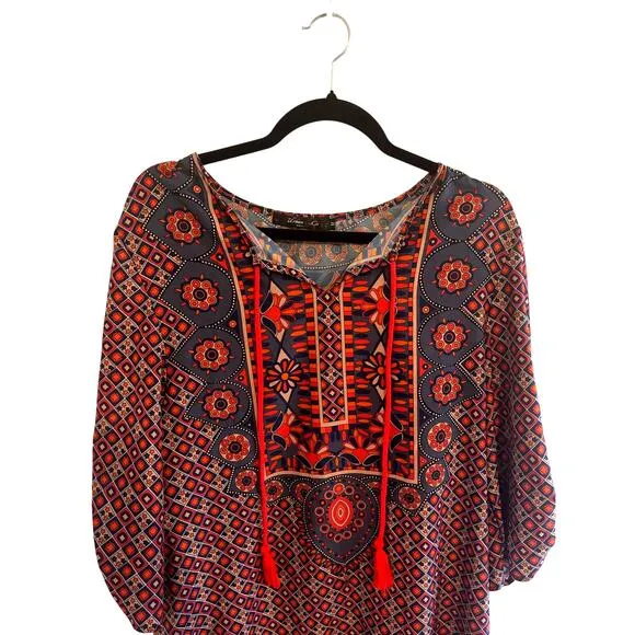 Urban Coco Boho Tunic‎ Dress Red Orange Geometric Print Tassels Womens Size M - Image 3