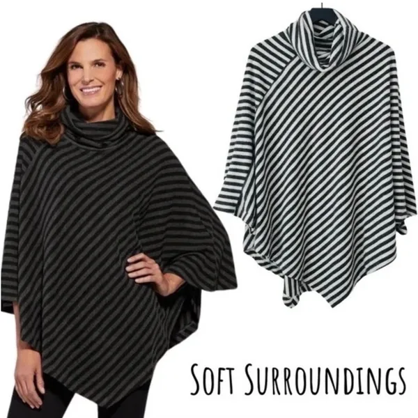 Soft Surroundings OS Poncho Sweater Presley‎ Soft Cozy Stripes Cowl Neck Women’s - Image 2