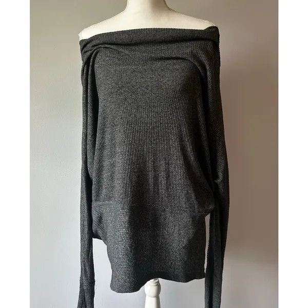 We the Free Slouchy Off the Shoulder Gray Henley Oversized Top Size Large - Image 3
