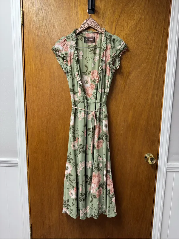 Reformation Gwenyth Dress Athena Short Sleeve Wrap Midi Floral Green Small - Image 10