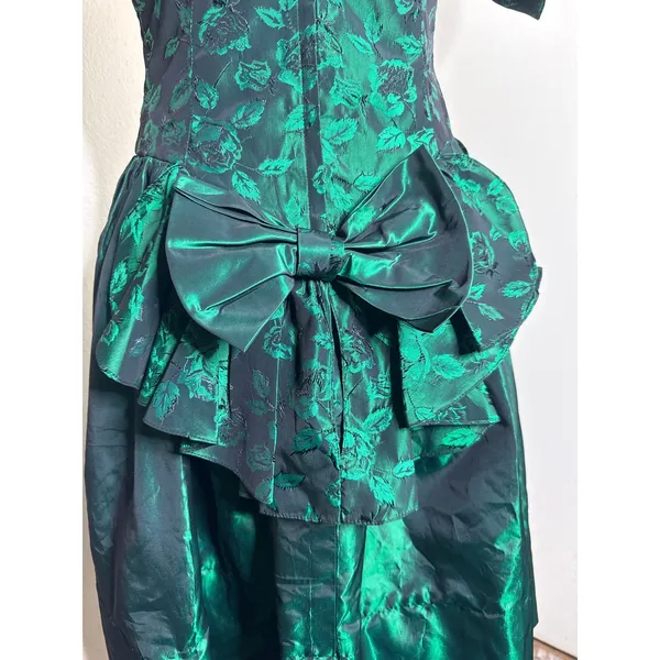 VTG 80s Emerald Green Iridescent Taffeta & Floral Prom Party Dress Whimsigoth - Image 6