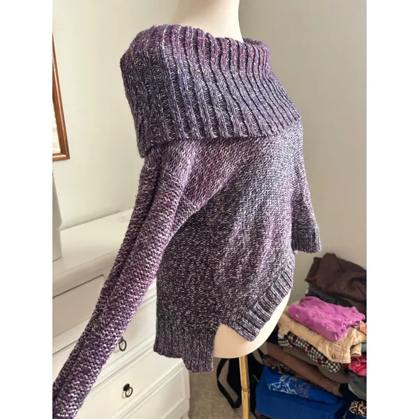 American Eagle Purple Marled Chunky Knit Sweater Y2K Boho Off Shoulder Oversized - Image 2