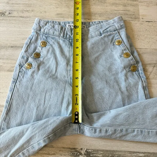 Zara High Waisted Sailor Jeans Light Wash Blue Gold Button Slim Leg XS 6147/157 - Image 13