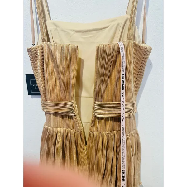 MAC DUGGAL Gold Metallic Plissé Square Neck Pleated Ruffle Belt Detail Dress 8 - Image 12