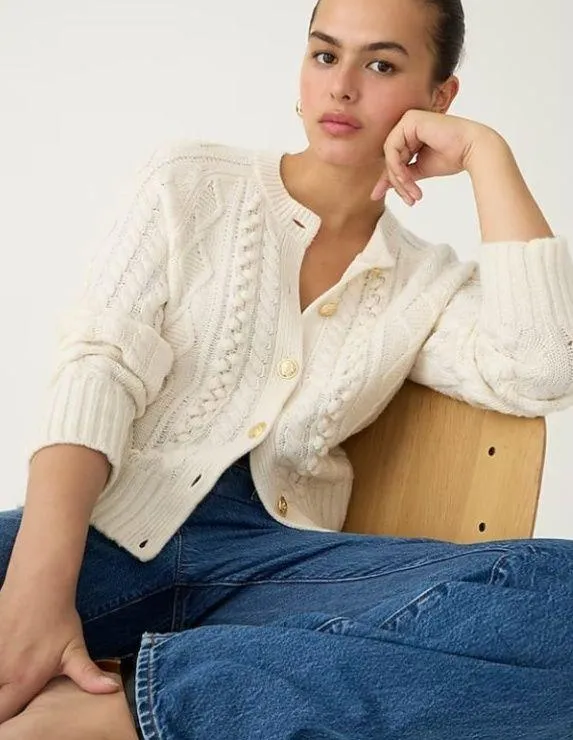 NWT J.Crew Cable-knit Cardigan Sweater in Ivory Wool Blend M - Image 2