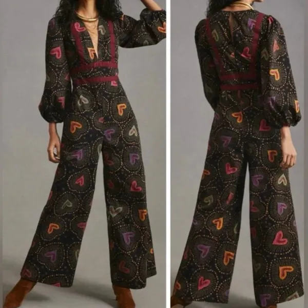 Anthropologie x Farm Rio Jumpsuit M NWT Deep-V Hearts Print Wide-Leg - Image 4