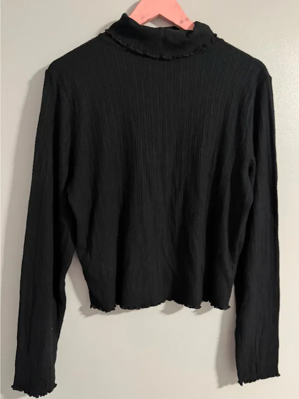 Madewell Black Ribbed Lettuce-Edge Mock Neck Long Sleeve Top - Image 3