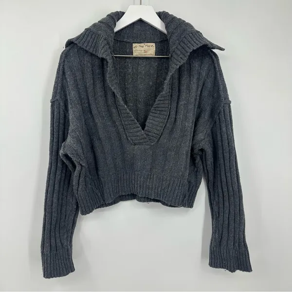 Free People We The Free Gray Rudi Funnel Neck Knit Sweater V Neck Boho Oversized - Image 8
