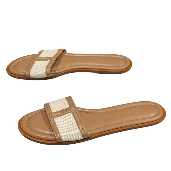J Crew Slide Sandals Womens 7 Tan Ivory Canvas and Leather Classic Minimalist - Image 2