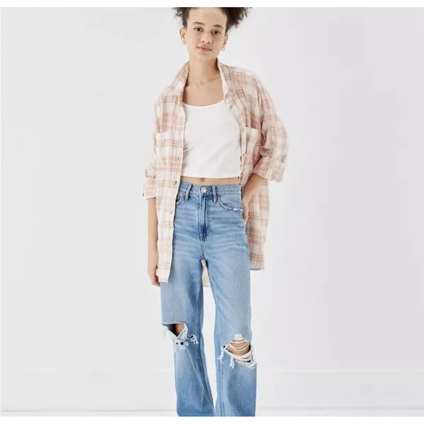 American Eagle Sz L Shirt Oversized Linen Plaid Button Up Boho Relaxed Fit Top - Image 3
