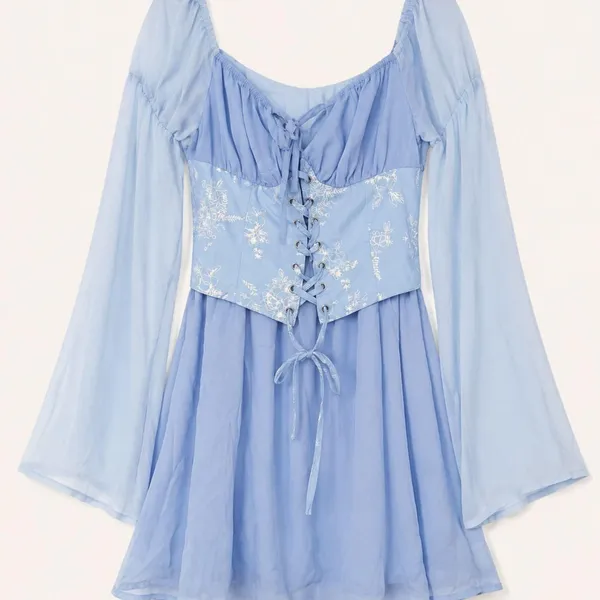 Light Blue Corset Mini Dress XS Floral Embroidered Lace Bell Sleeve Cottagecore - Image 2