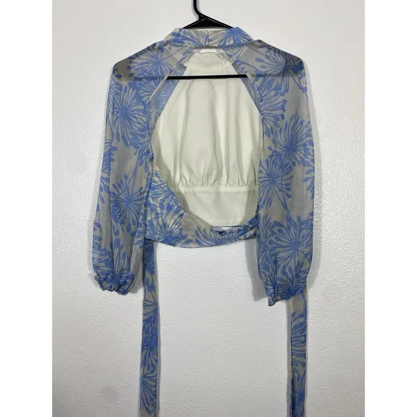 Amanda Uprichard Sheer Floral Cropped Tie Blouse Open Back Mock Neck Blue S - Image 8