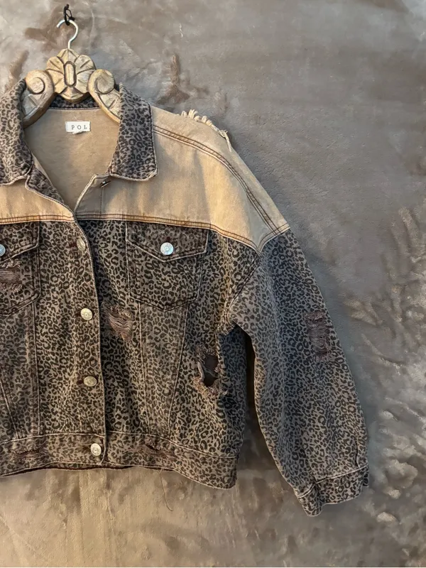 POL Two-Tone Leopard Print Denim Jacket in Brown/Tan Women’s Size L - Image 5