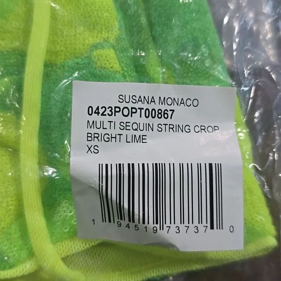 Susana Monaco -1608 NWT Women's Sequin Crop Top Bright Lime Green XS‎ - Image 9
