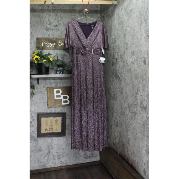 NWT R & M Richards Embellished Pleated Caplet Overlay Maxi Dress Purple Wine 6 - Image 4