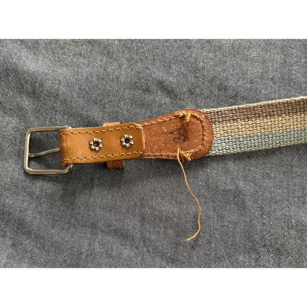 Vintage Striped Woven Belt Brown Faux Leather Trim Silver Buckle Size 34 - Image 4