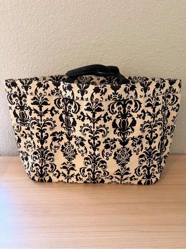 Canvas Damask Tote Bag in Black and Cream - Image 4