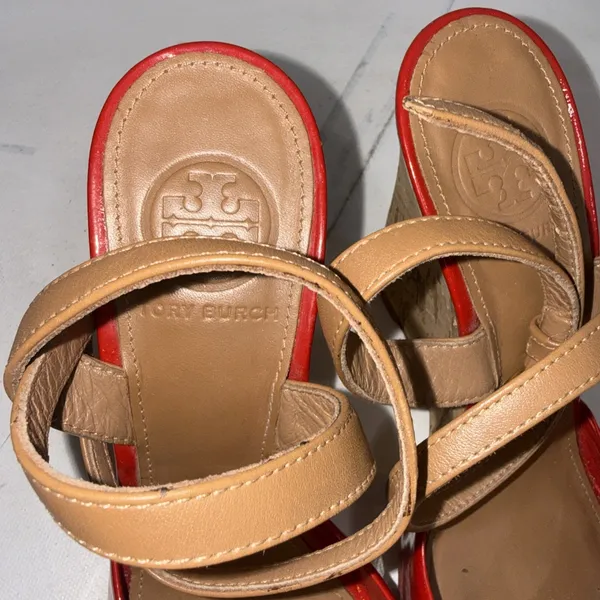 Tory Burch Red Patent Leather Cork Wedge Ankle Strap Peep Toe Sandals size 7.5 M - Image 7
