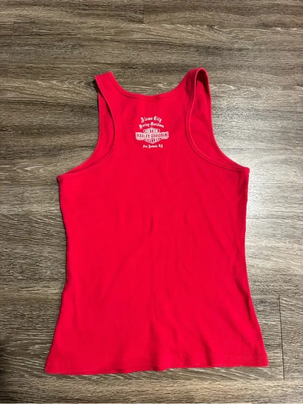 Harley Davidson Red Ribbed sleeveless tank top XL Y2K Rhinestone Heart Biker - Image 3