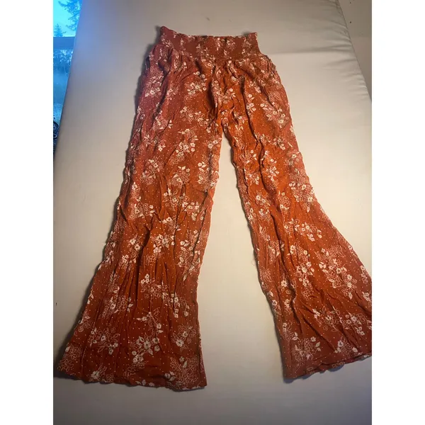 Three Dots Rust Floral Ditsy Dot Smocked High Waist Wide Leg Palazzo Pants M - Image 5