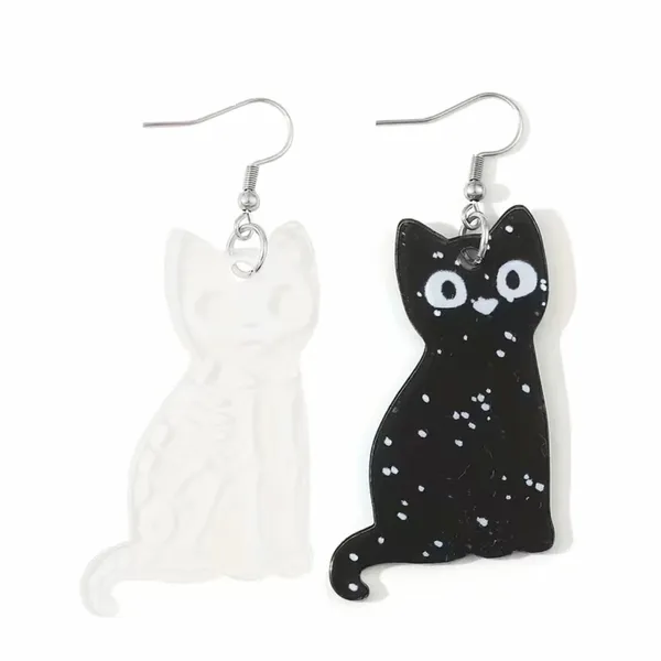 Acrylic Ear Jewelry Black Cat & White Cat Skeleton Design Asymmetric Earrings Re - Image 6