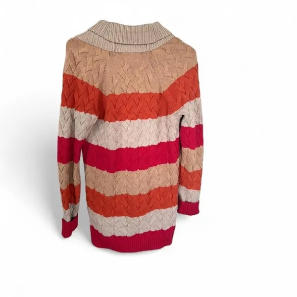 Lands End Colorful Striped Fisherman‎ Cardigan Sweater Sz XS Orange Pink - Image 2
