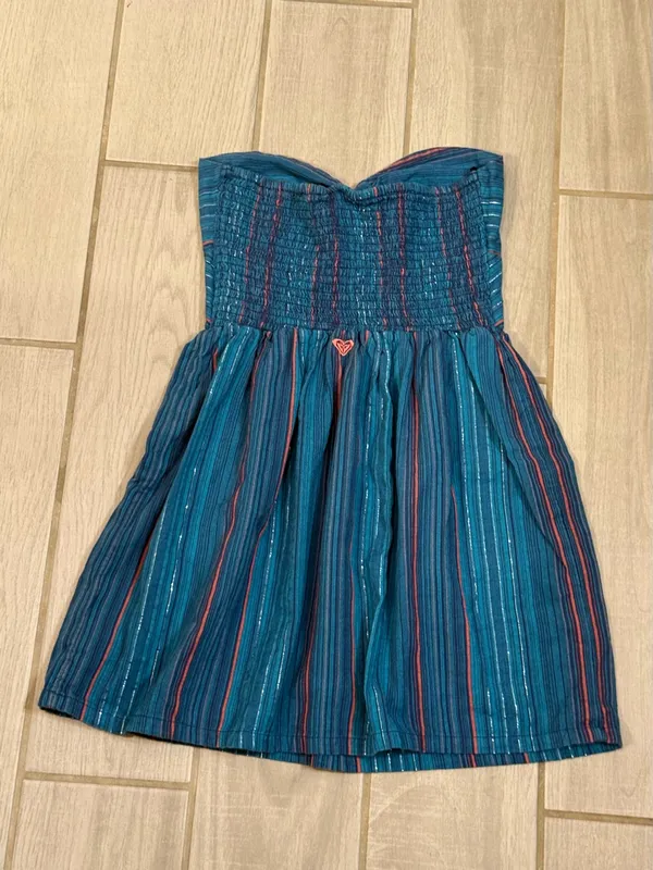 Roxy Teal and Navy Strapless Stripe Mini Dress - Image 4