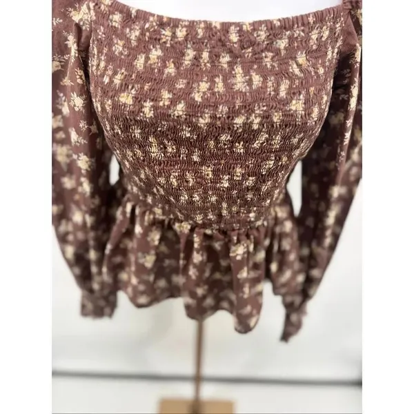 Dizzy Lizzy Smocked Peplum Floral Blouse XS Brown Boho Cottagecore Puff Sleeve - Image 8