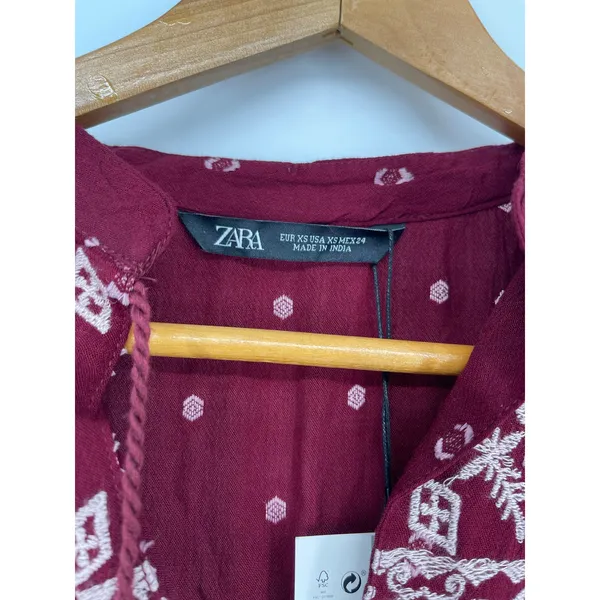 NWT Zara‎ Boho Embroidered Tassel Mini Dress XS Wine Red Peasant - Image 9