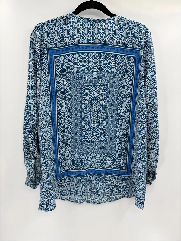 Tolani Blue Silk Medallion Print Boho Tassel Tie Blouse boho Top size large - Image 9