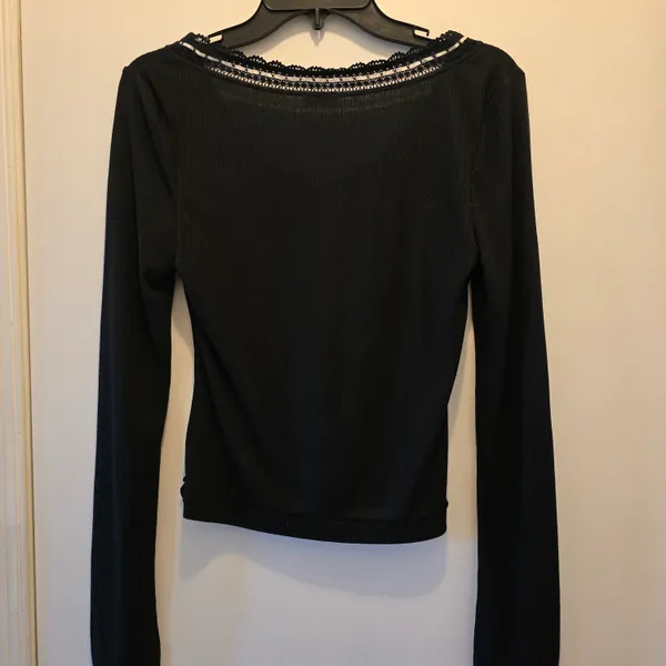 Free People Black Ribbed V-Neck Long Sleeve Top - Image 5