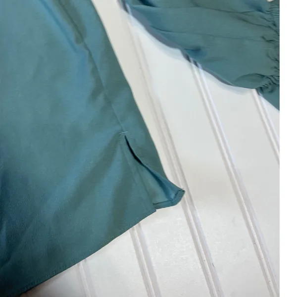 J.Crew Teal Green Ruffle Neck Tie Blouse Smocked Cuff Long Sleeve Top Size L - Image 4