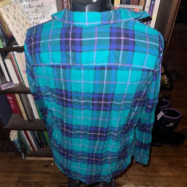 American Eagle L blue & green plaid button down shirt - Image 2