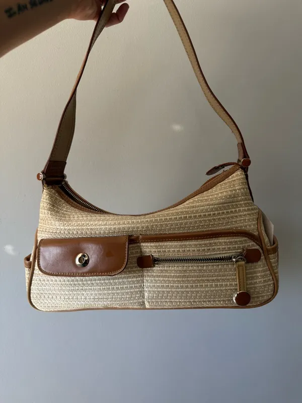 VTG Liz Claiborne Woven Beige Tan Straw Shoulder Bag Brown Trim Grandma Core S M - Image 2
