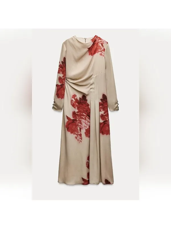 Zara Beige Midi Dress with Red Floral Motif - Image 2