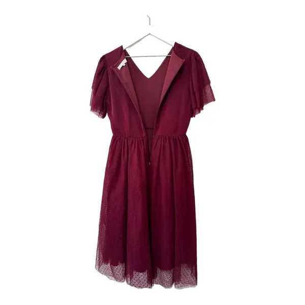 Ivy City Co Maroon Swiss Dot Flutter Sleeve Midi Dress Size Small - Image 9