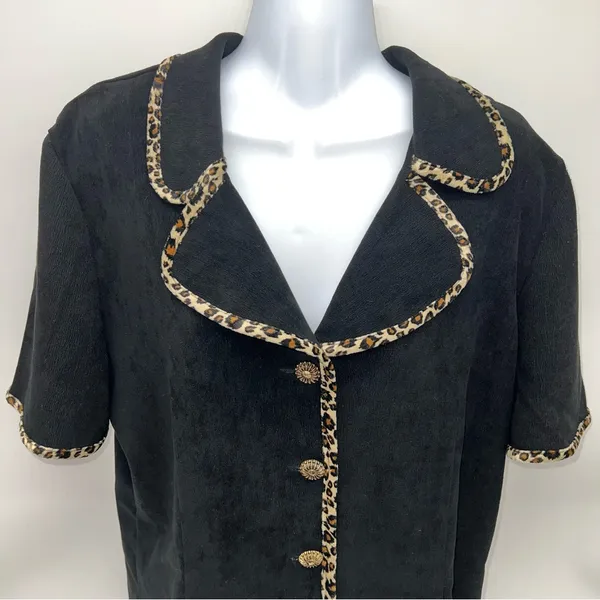 Courtenay Women’s Short Sleeve Casual Black Button Down Top w/Leopard Print Trim - Image 2