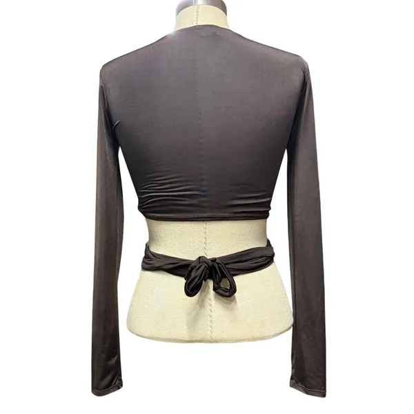 Top Chic L Long Sleeve O-Ring Wrap Crop Top Brown Y2K Clubwear‎ Night Out - Image 4