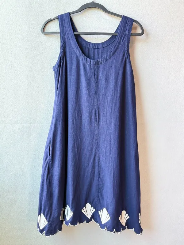 Calypso St. Barth Navy Linen Blend Scallop Hem‎ Shell Dress Small Coastal Boho - Image 5