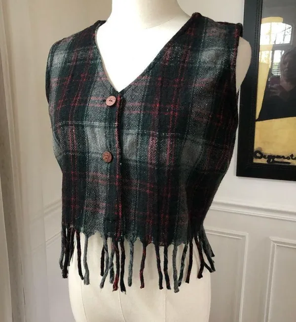 Vintage No Barriers Plaid Wool Fringe Crop Vest L - Image 2