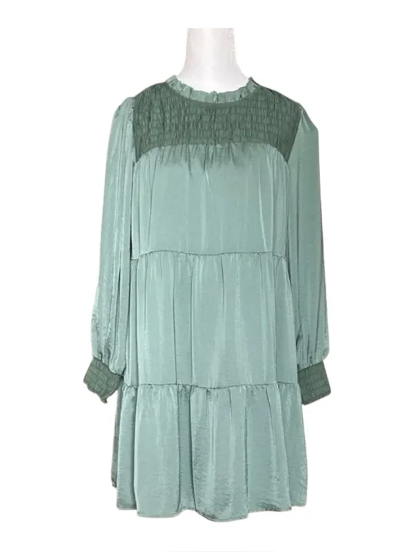 THML NWT Teal Smocked Tiered Mini Dress Long Sleeve‎ Boho Seafoam Size Small - Image 2
