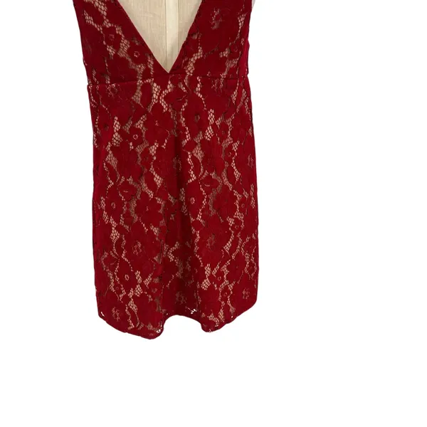Free People Dangerous Love Lace Mini‎ Dress Red V Neck Low Back US 4 - Image 11