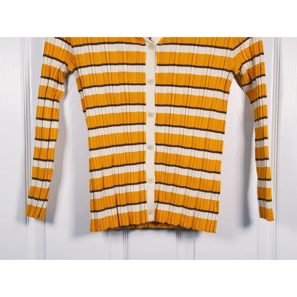 Theory Women Hudson Striped Polo Cardigan Size S Mustard Yellow 70s Preppy Retro - Image 7