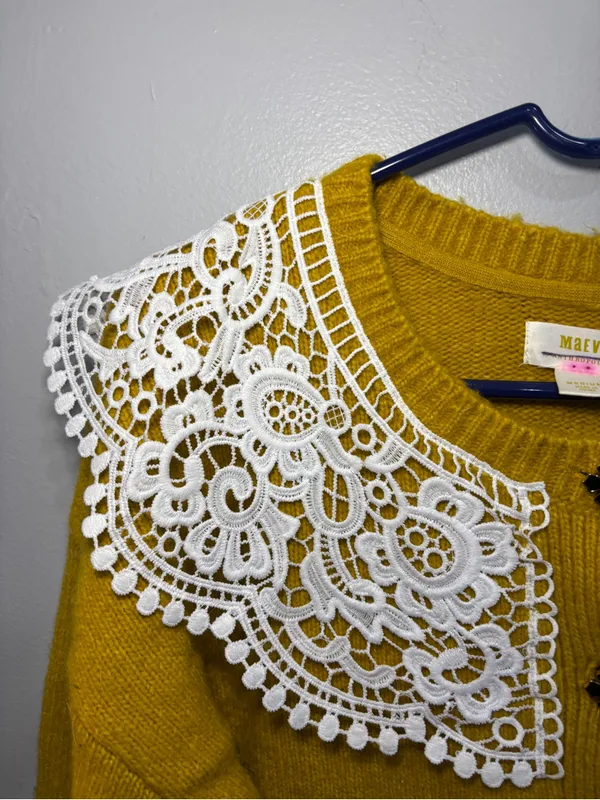 RARE Anthropologie Maeve Mustard Yellow Lace Collar Cardigan Sweater Size M - Image 11